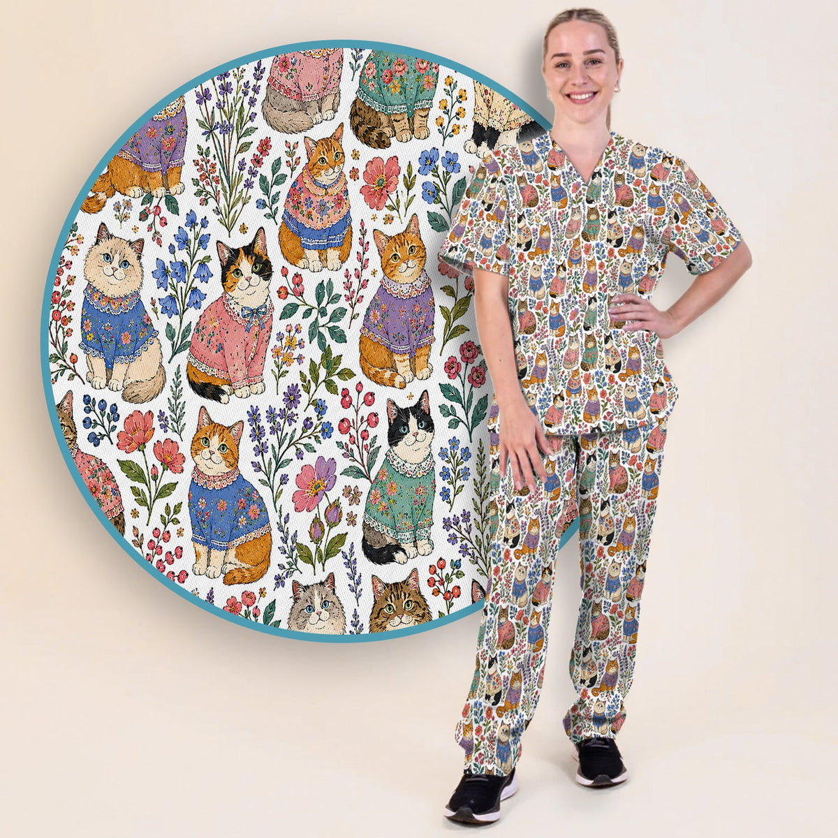 Floral Cat Nurse Scrub Set