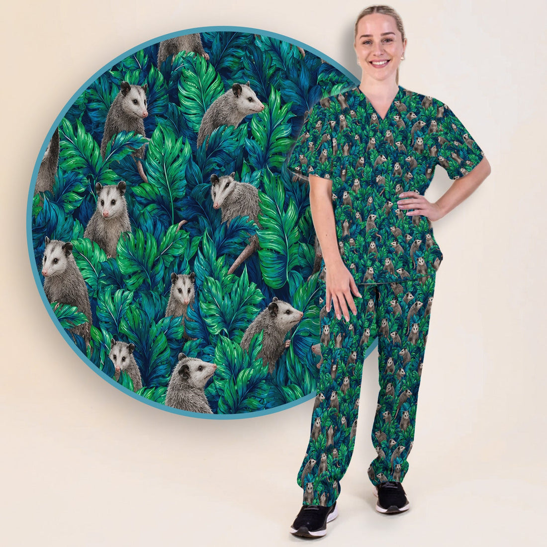 Tropical Opossum Jungle Leaves Nurse Scrub Set