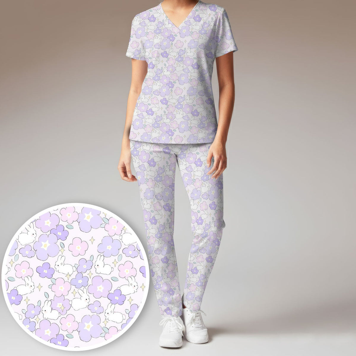 Bunny Floral Pastel Nurse Scrub Set