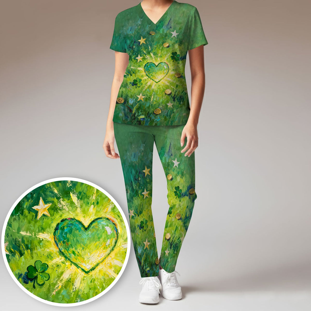 St Patrick Lucky Shamrock Heart Nurse Scrub Set