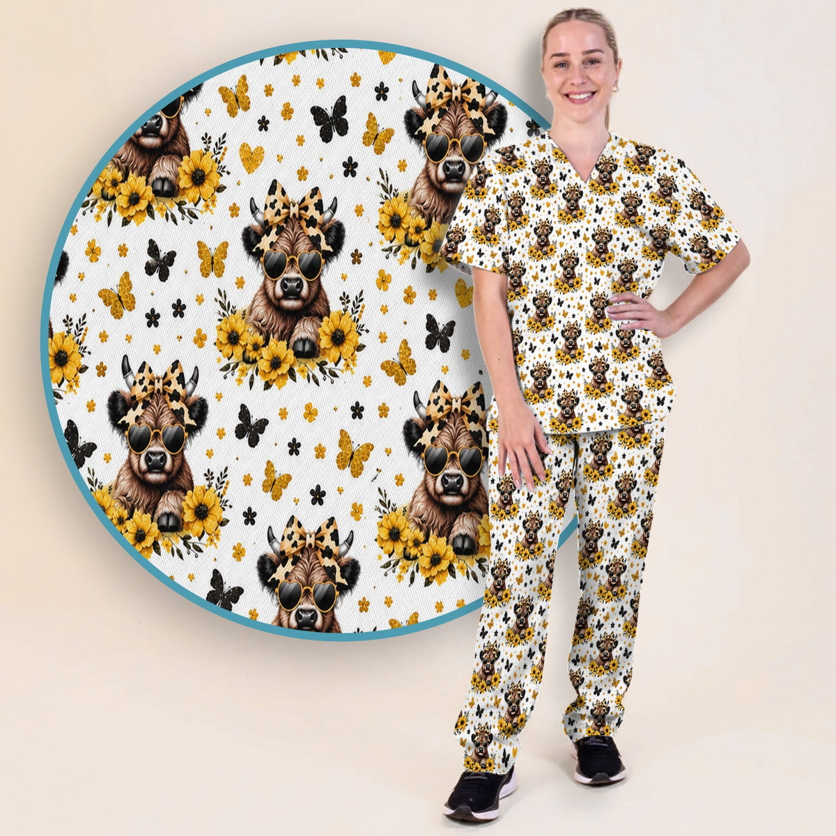 Sassy Highland Cow Sunflower Nurse Scrub Set