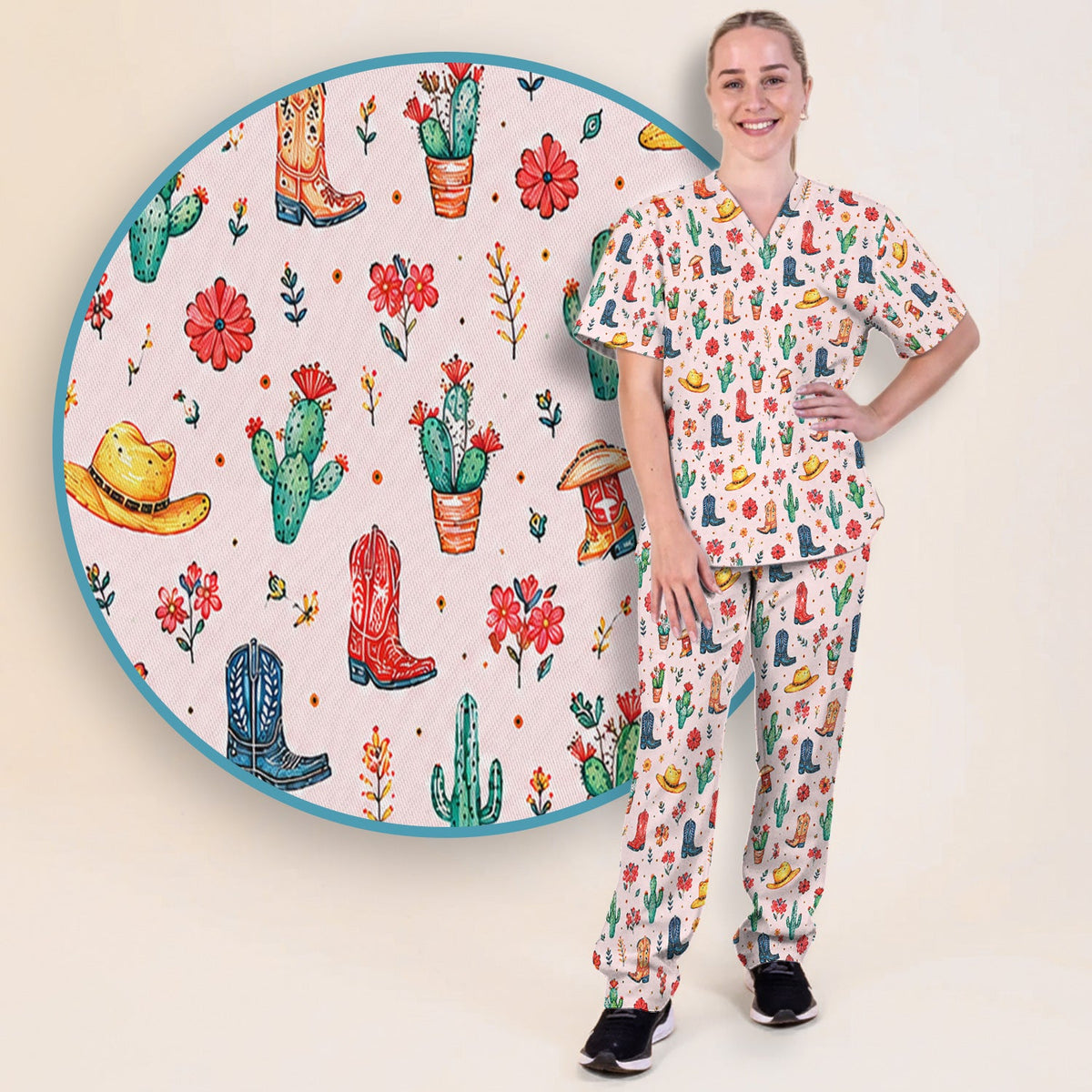 Whimsical Western Cactus Boots Nurse Scrub Set