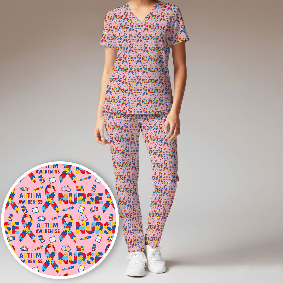 Autism Awareness Puzzle Ribbon Nurse Scrub Set