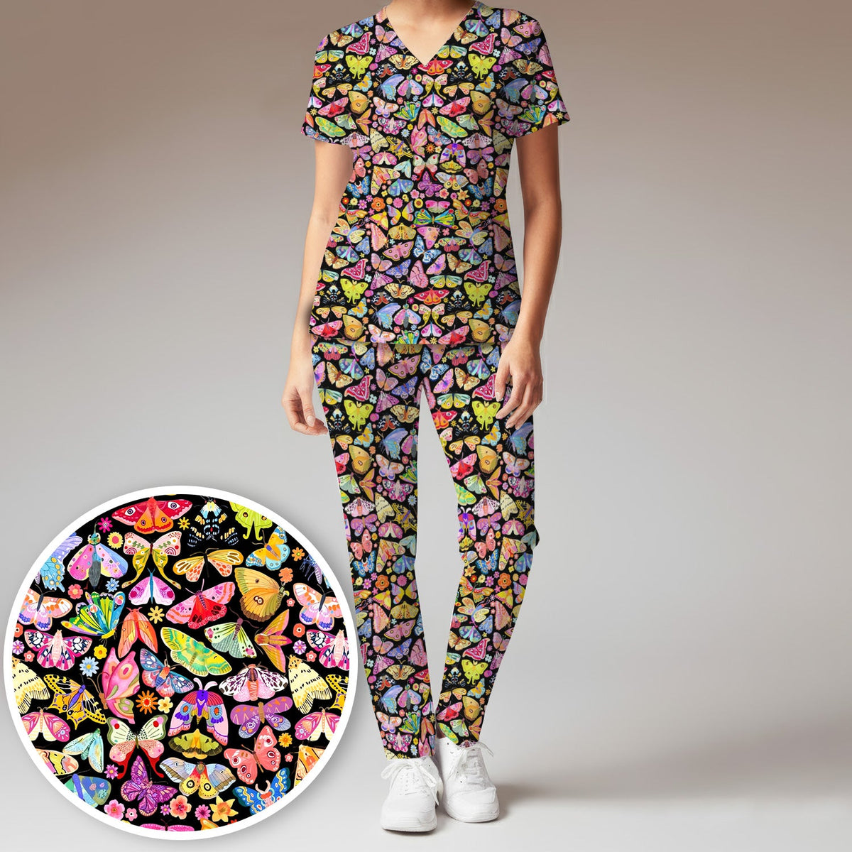 Cute Bright Butterfly Moth Floral Nurse Scrub Set