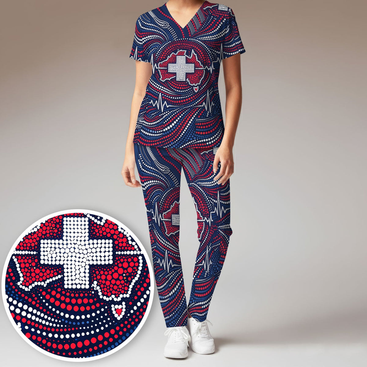 Dot Art Cross Heartbeat Nurse Scrub Set