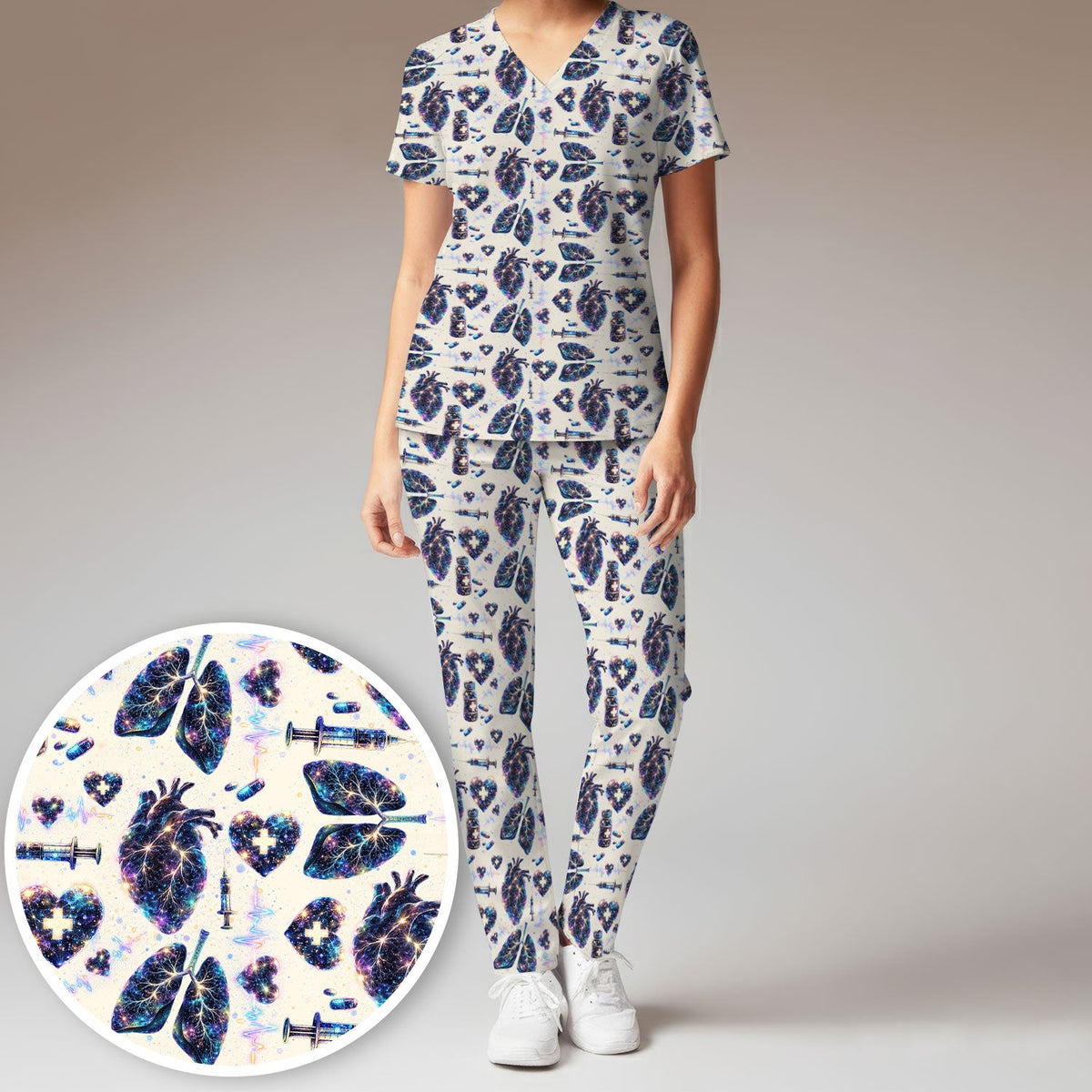 Galaxy Anatomical Heart Lung Syringe Nurse Scrub Set