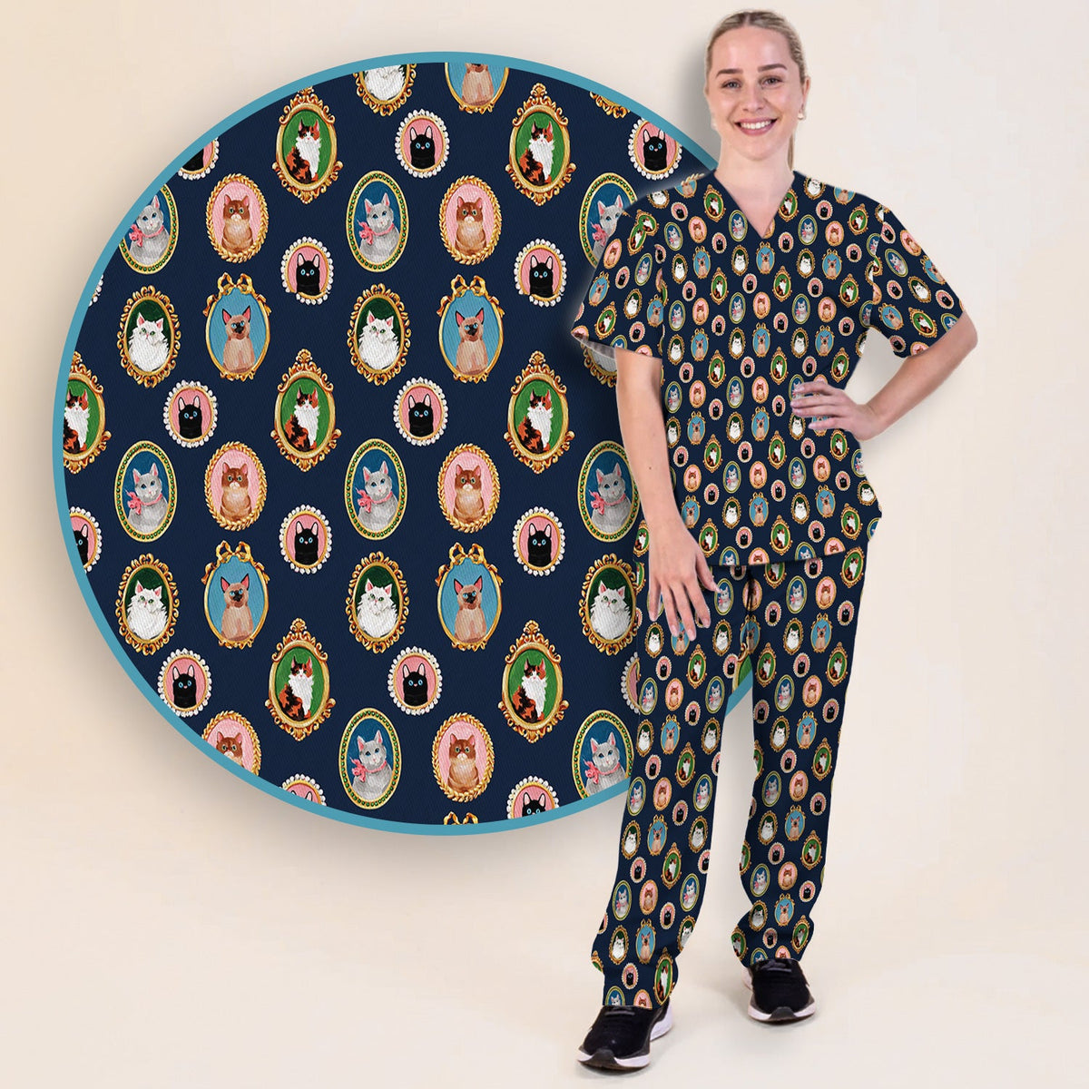 Vintage Cat Portrait Nurse Scrub Set