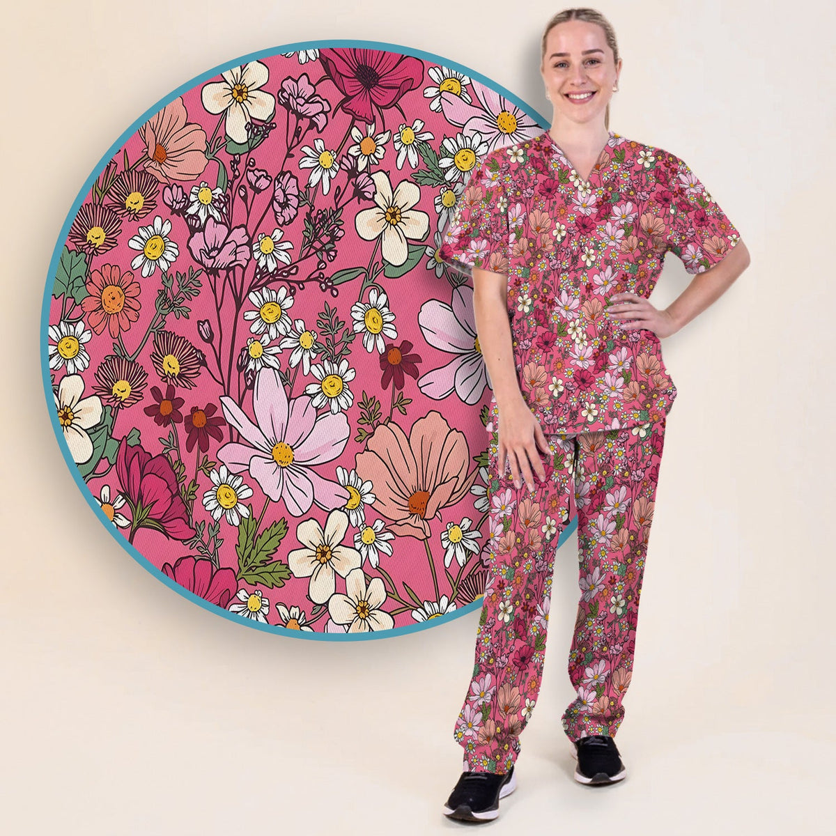 Pink Daisy Wildflower Nurse Scrub Set