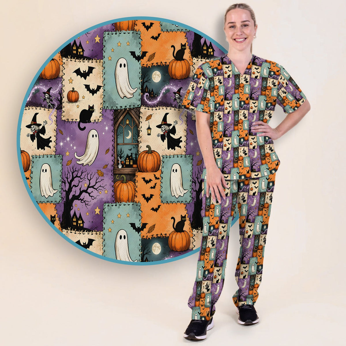 Spooky Ghost Black Cat Patchwork Nurse Scrub Set