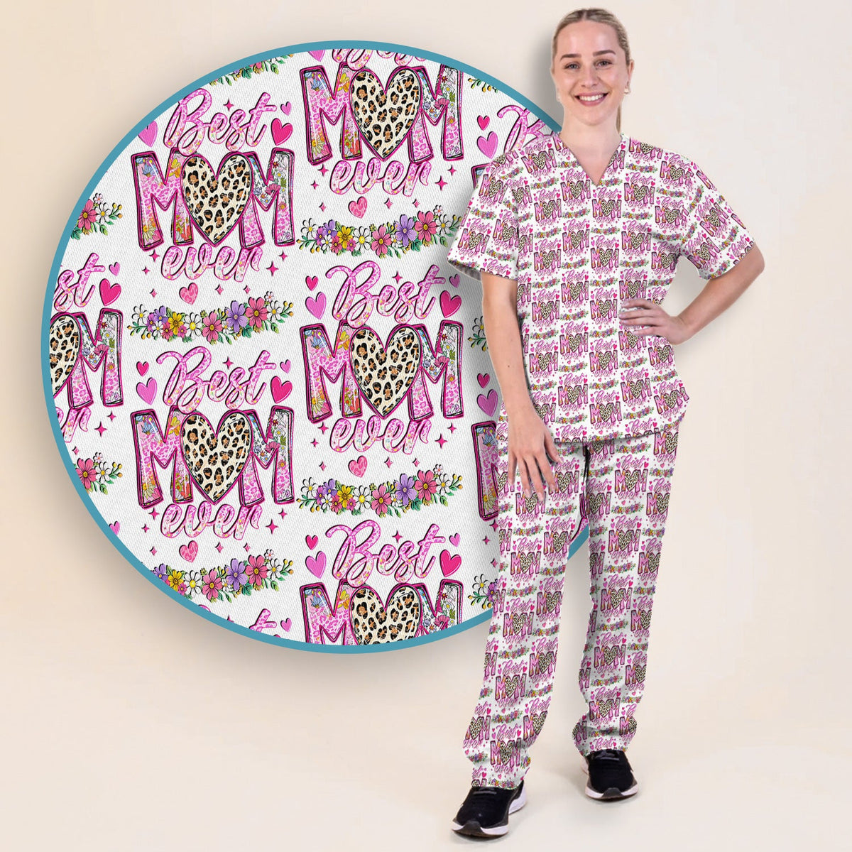 Best Mom Ever Leopard Heart Nurse Scrub Set