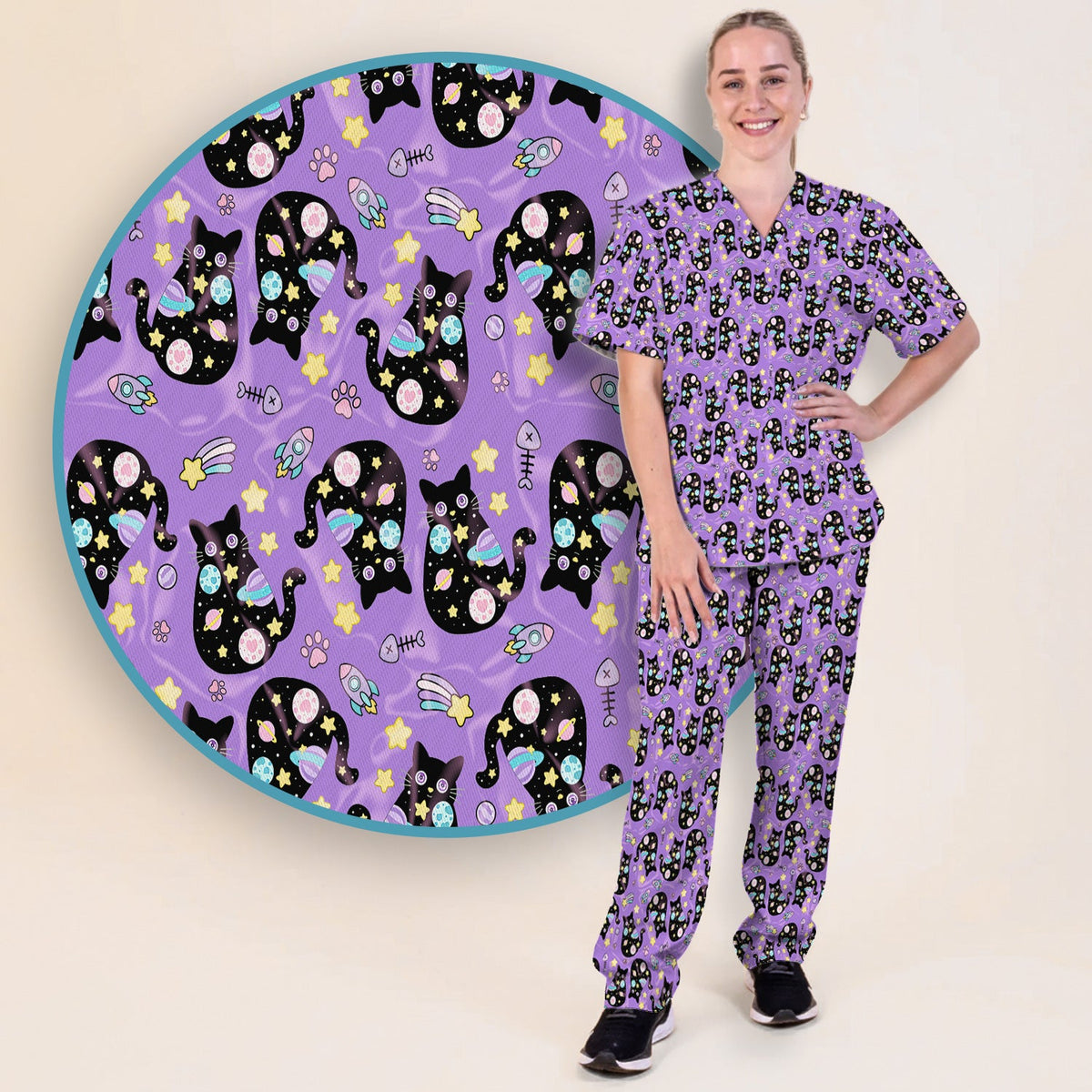 Black Cat Galaxy Space Nurse Scrub Top