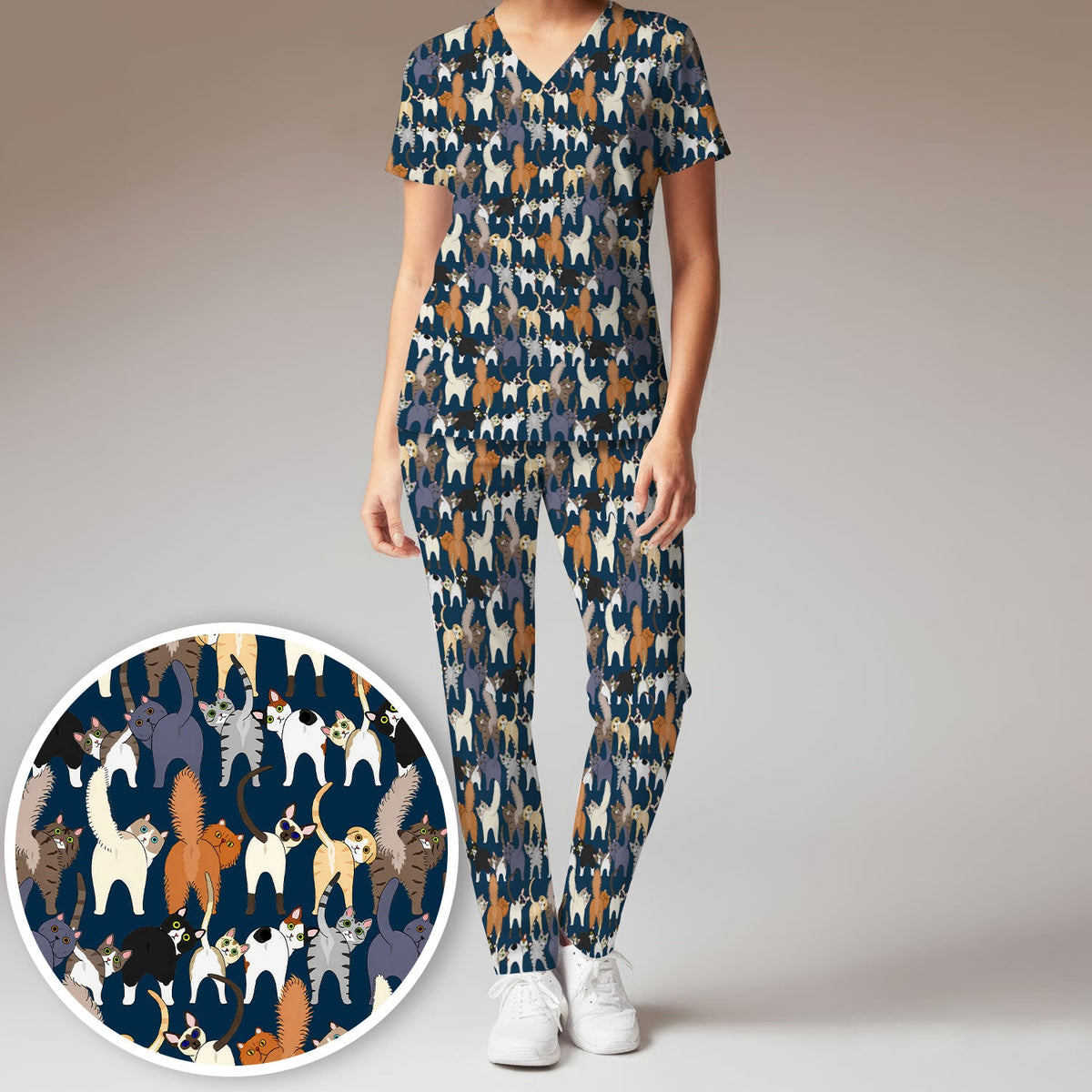 Whimsical Multicolor Cat Cartoon Nurse Scrub Set