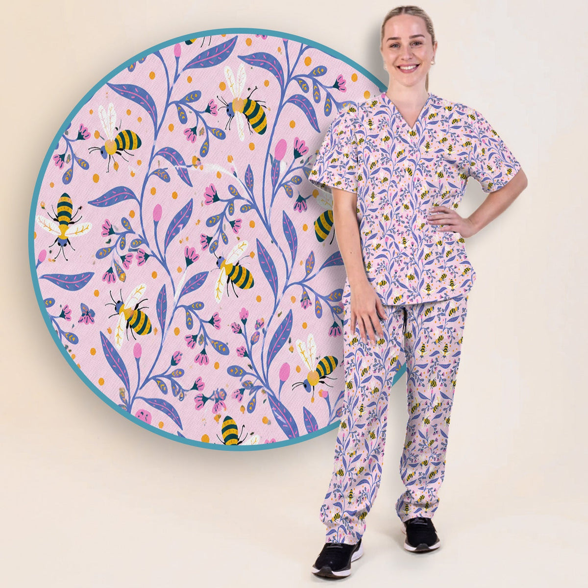Cute Bumble Bee Floral Nurse Scrub Set