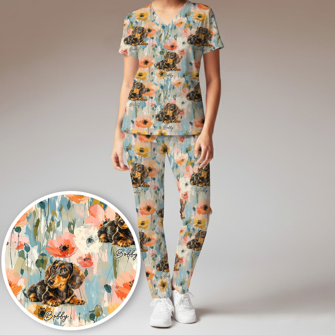 Personalized Dachshund Photo Floral Nurse Scrub Set
