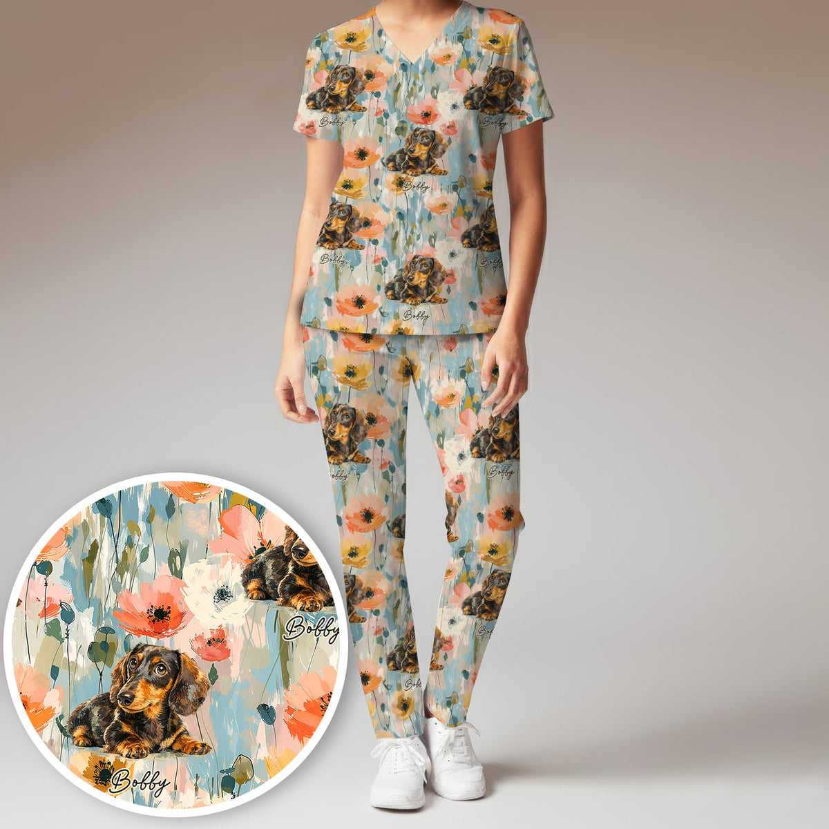 Personalized Dachshund Photo Floral Nurse Scrub Set