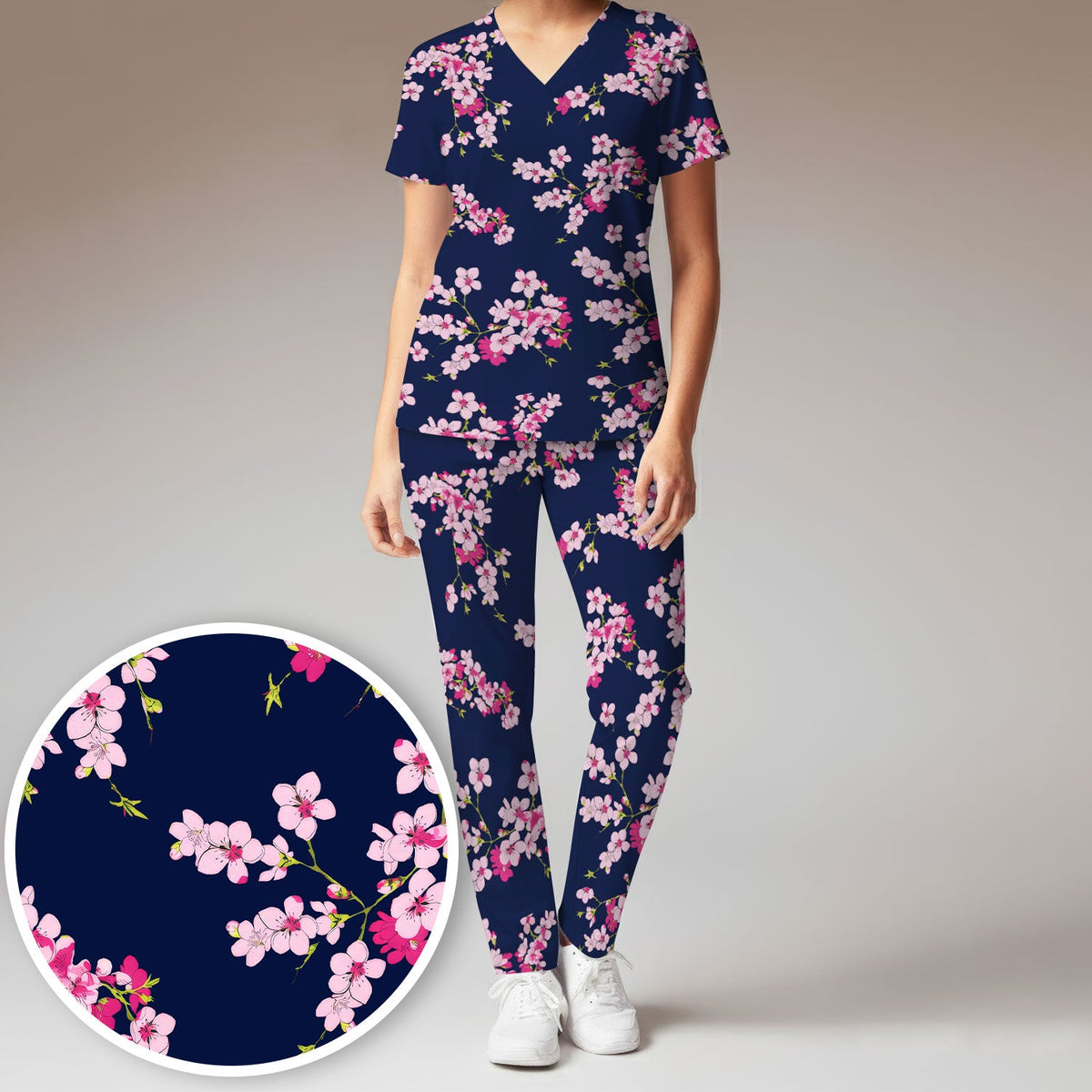 Elegant Cherry Blossom Nurse Scrub Set