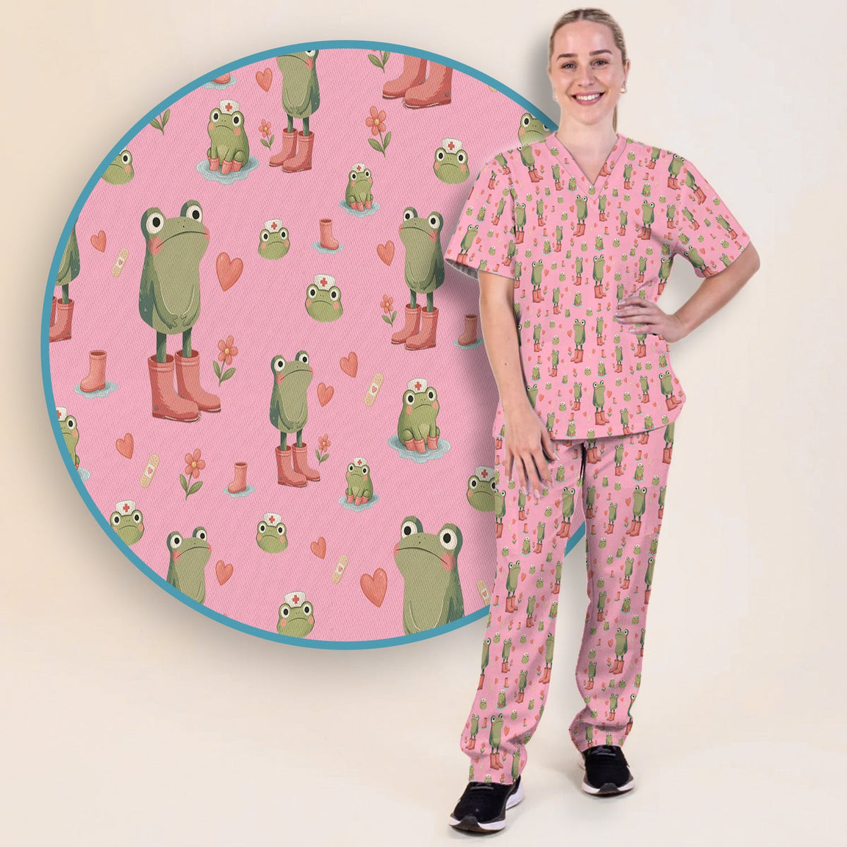 Adorable Frog Boots Heart Nurse Scrub Set