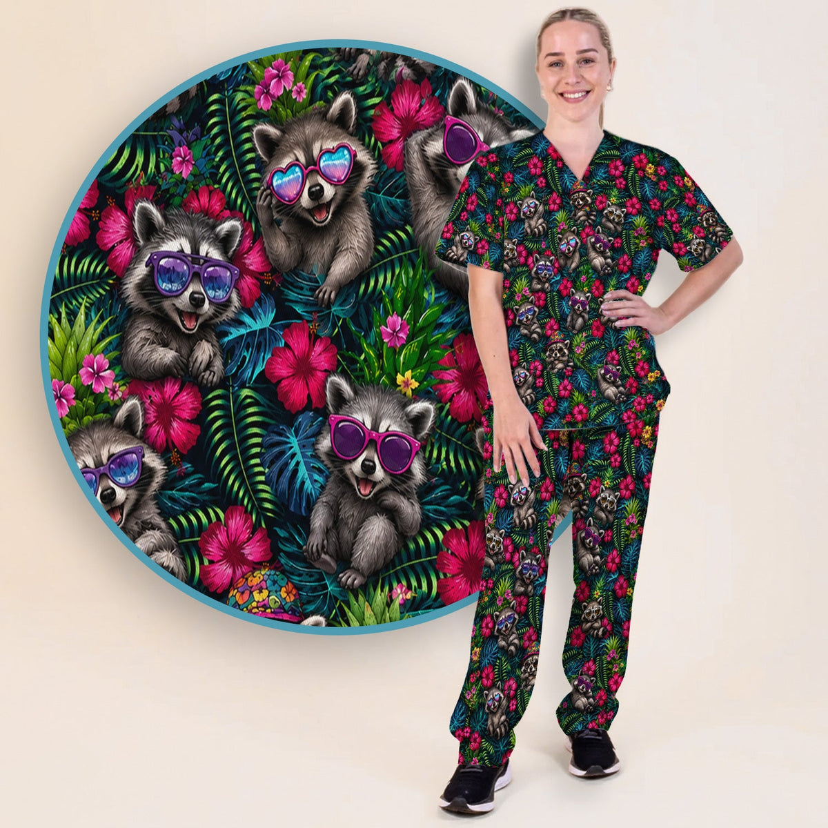 Tropical Raccoon Nurse Floral Scrub Set