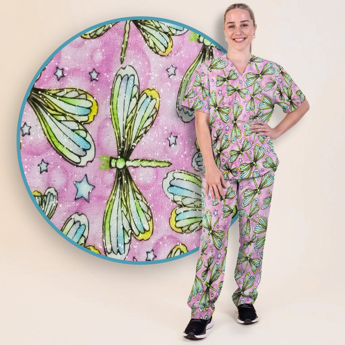 Dragonfly Pink Starry Nurse Scrub Set