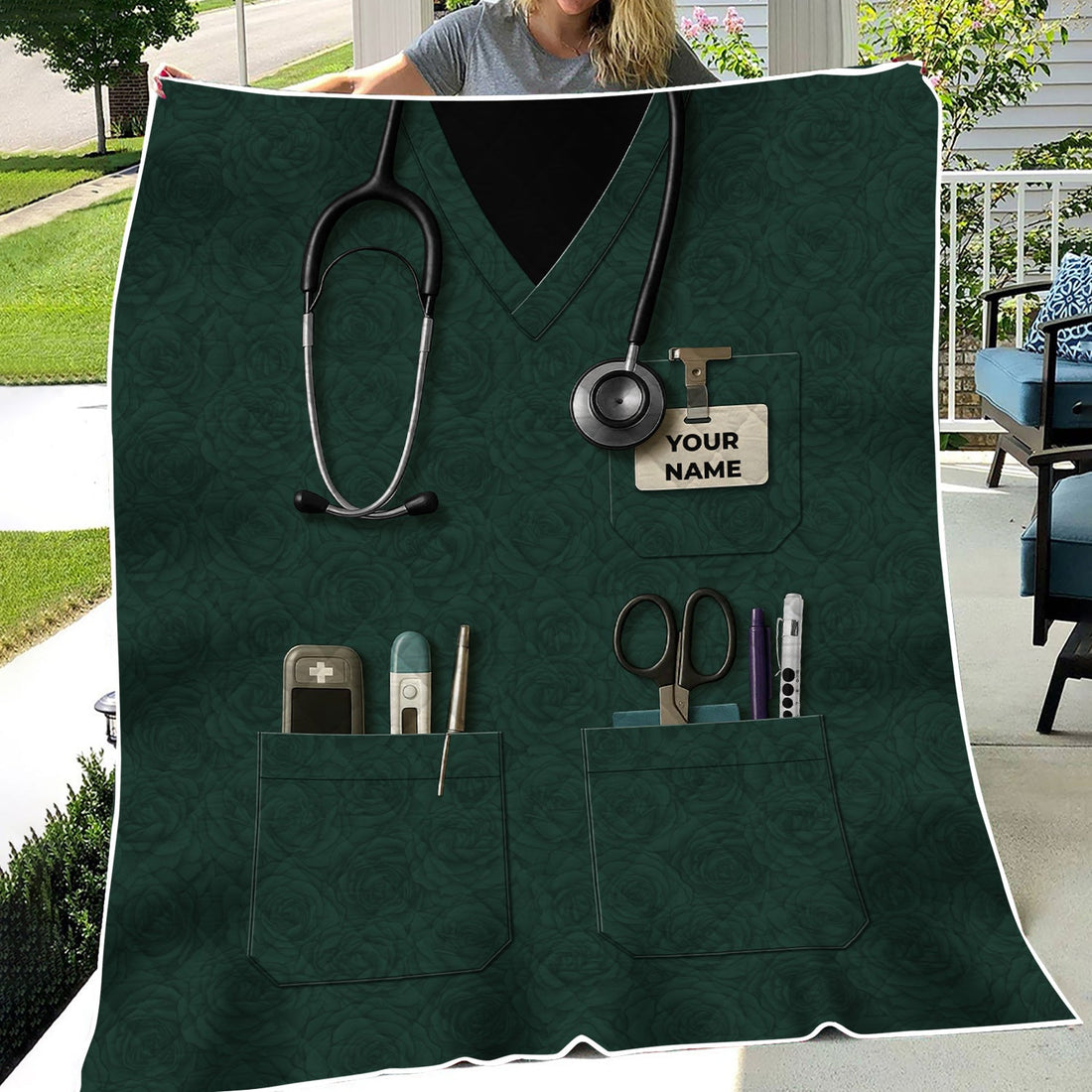 Personalized Green Scrub Pockets Nurse Blanket