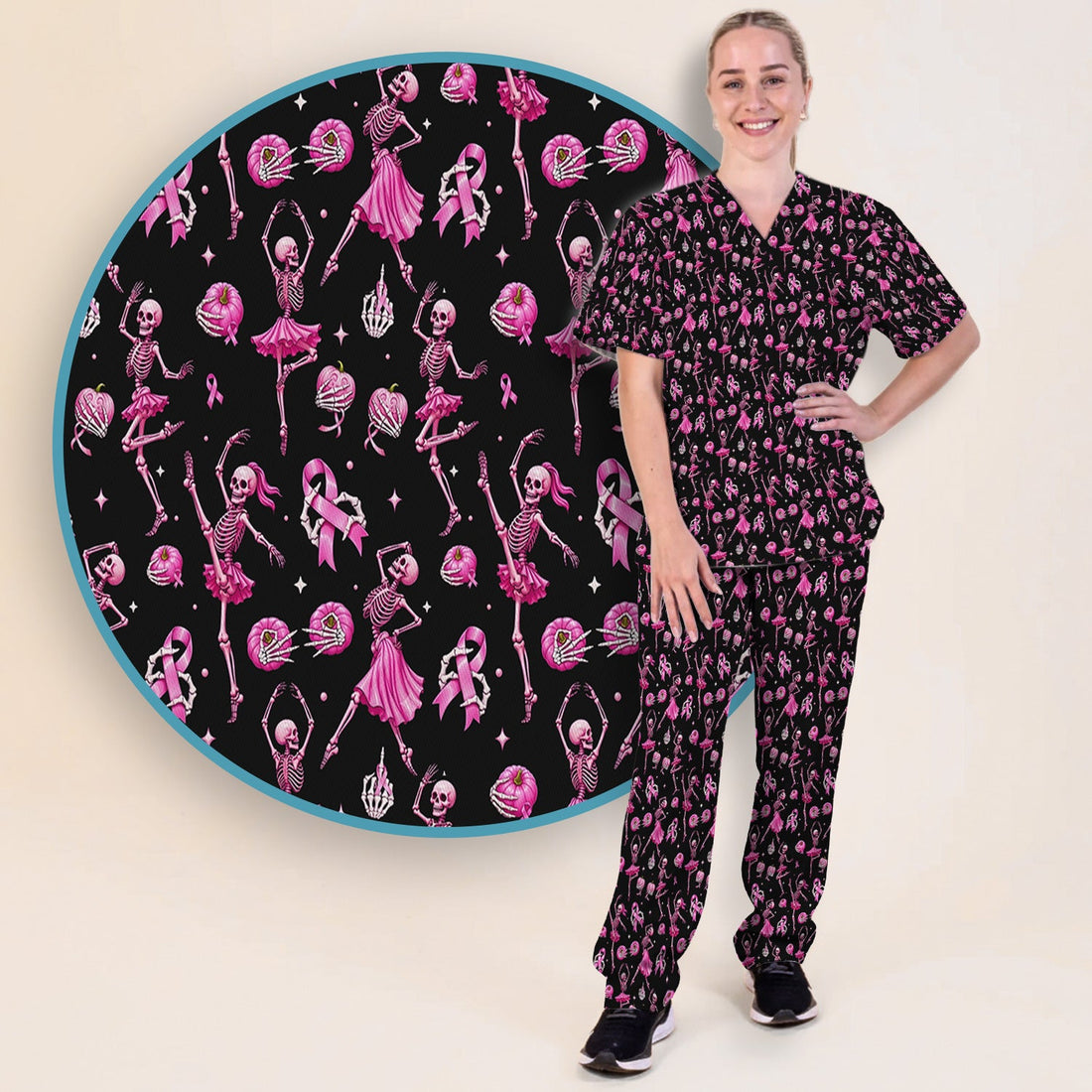 Pink Ribbon Skeleton Ballerina Breast Cancer Nurse Scrub Set