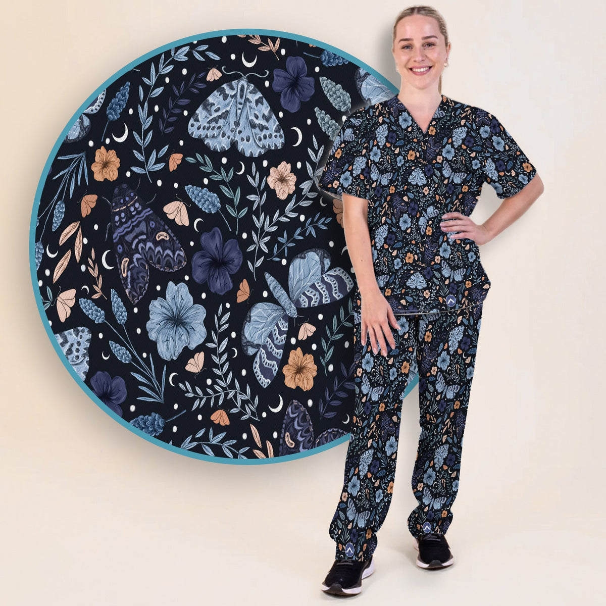 Night Moth Butterfly Floral Nurse Scrub Set