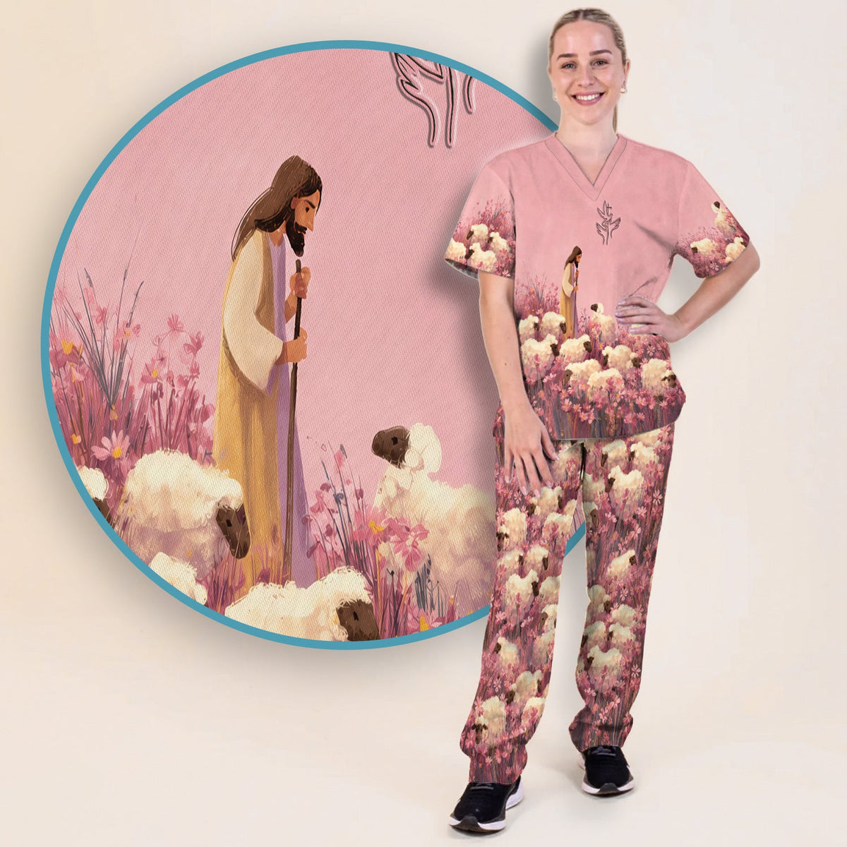 Christian Shepherd With Lambs Nurse Scrub Set