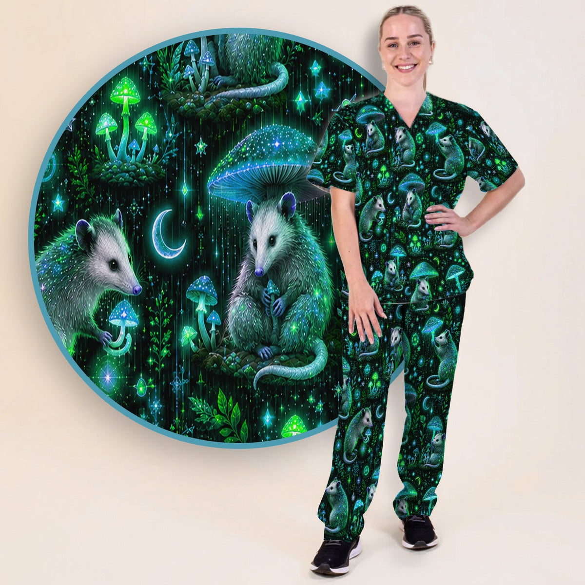 Moonlit Opossum Mushroom Nurse Scrub Set