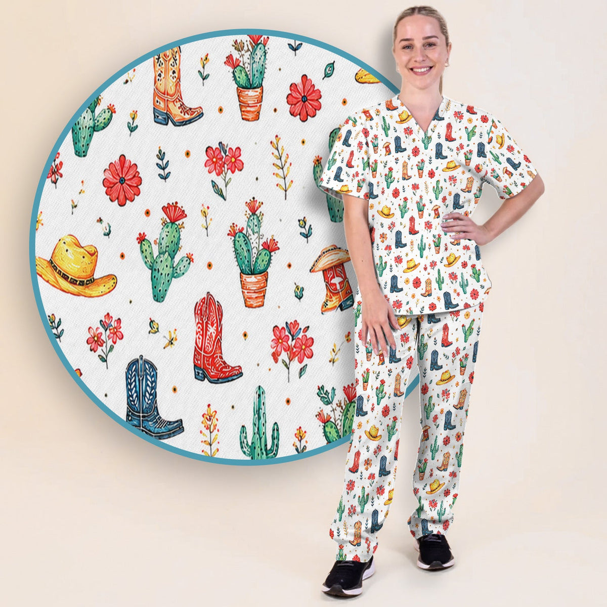 Whimsical Western Cactus Boots Nurse Scrub Set