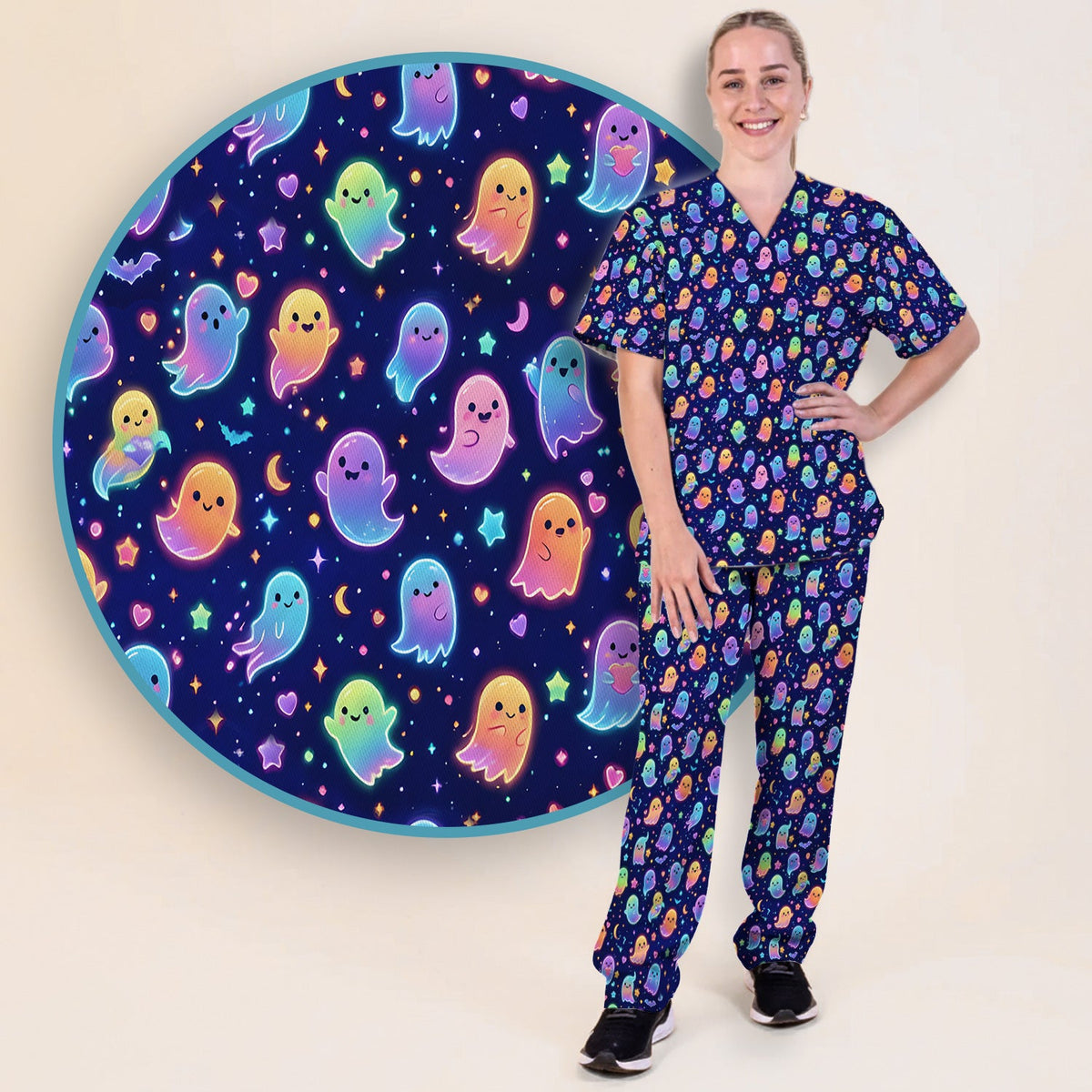 Neon Halloween Ghosts Nurse Scrub Set
