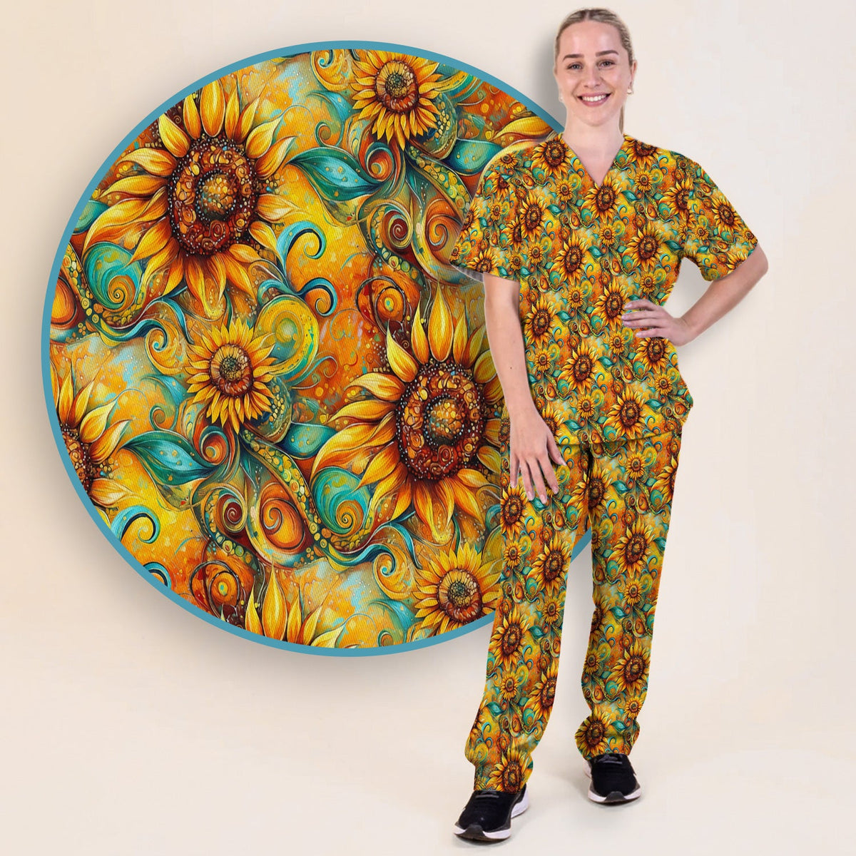 Sunflower Swirl Floral Nurse Scrub Set