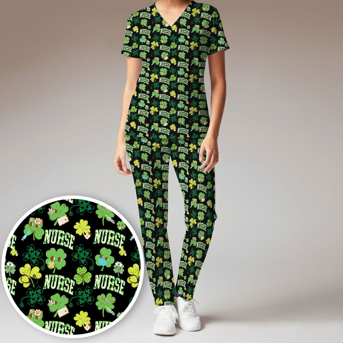 Lucky Shamrock Nurse Scrub Set, St. Patrick’s Day Nursing Shirt, Breathable Fabrics Nursing Uniform
