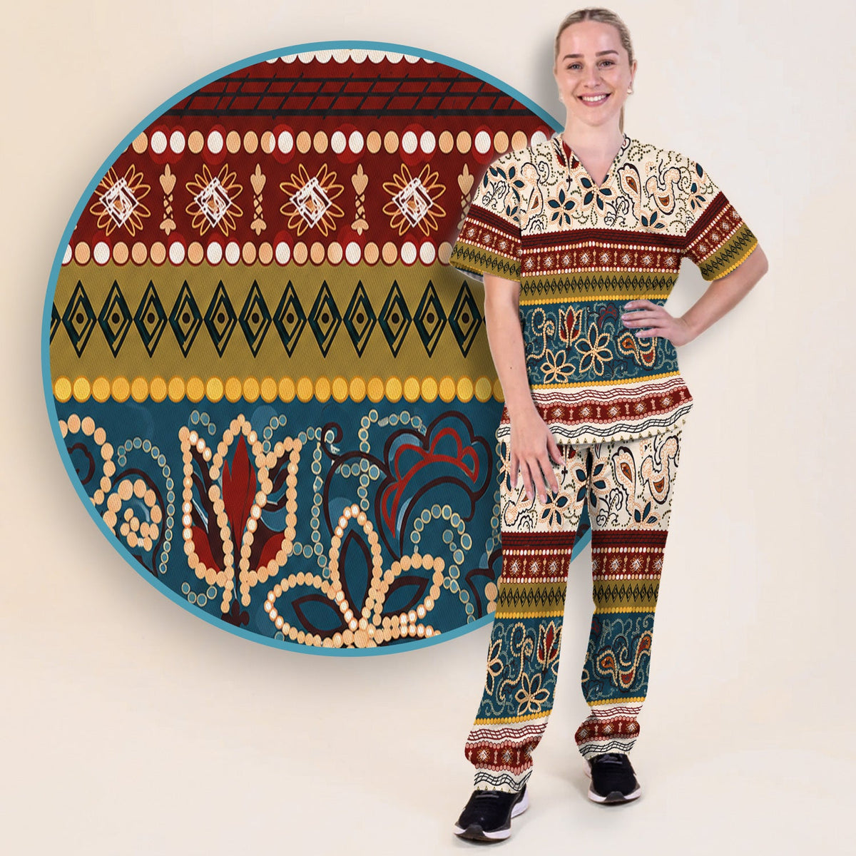 Boho Paisley Floral Stripe Nurse Scrub Set