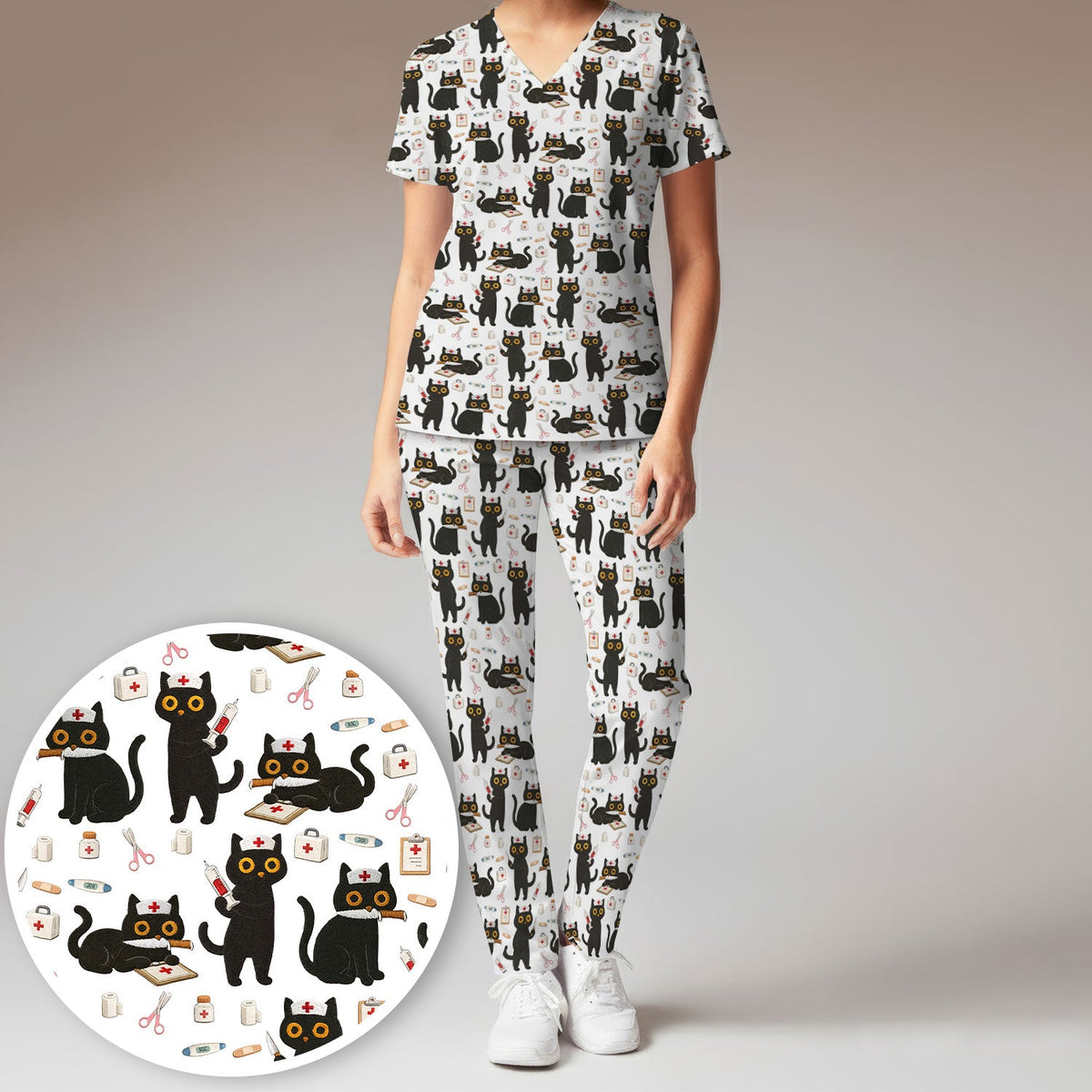 Cute Teal Black Cat Nurse Scrub Set