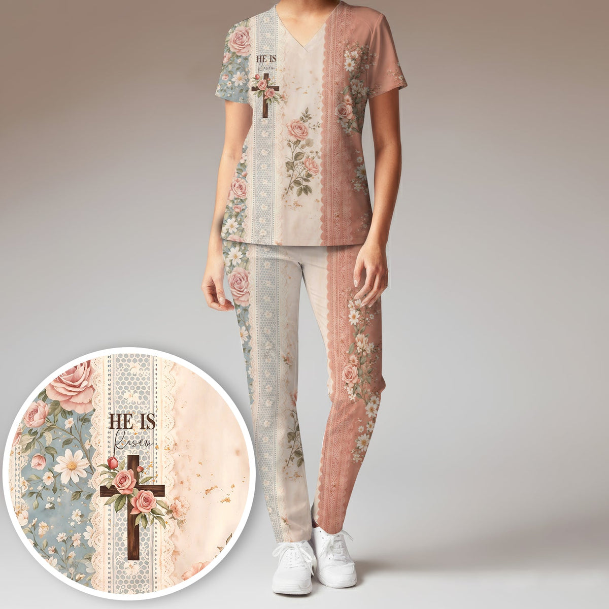 Christian Cross Rose He Is Risen Nurse Scrub Set