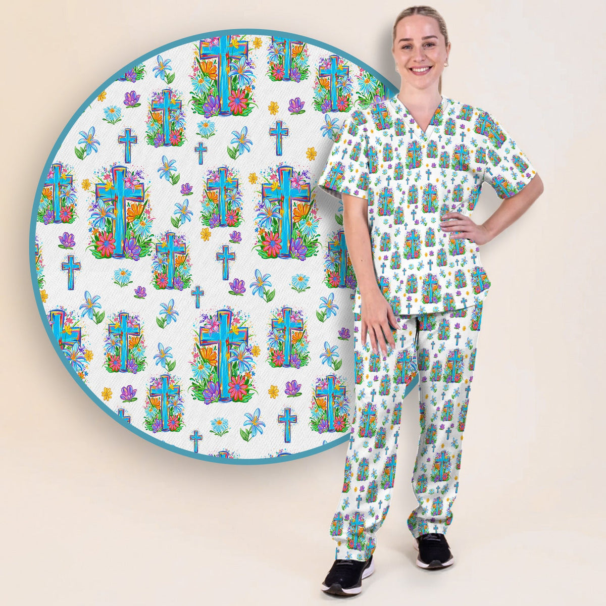 Christian Floral Cross Spring Nurse Scrub Set