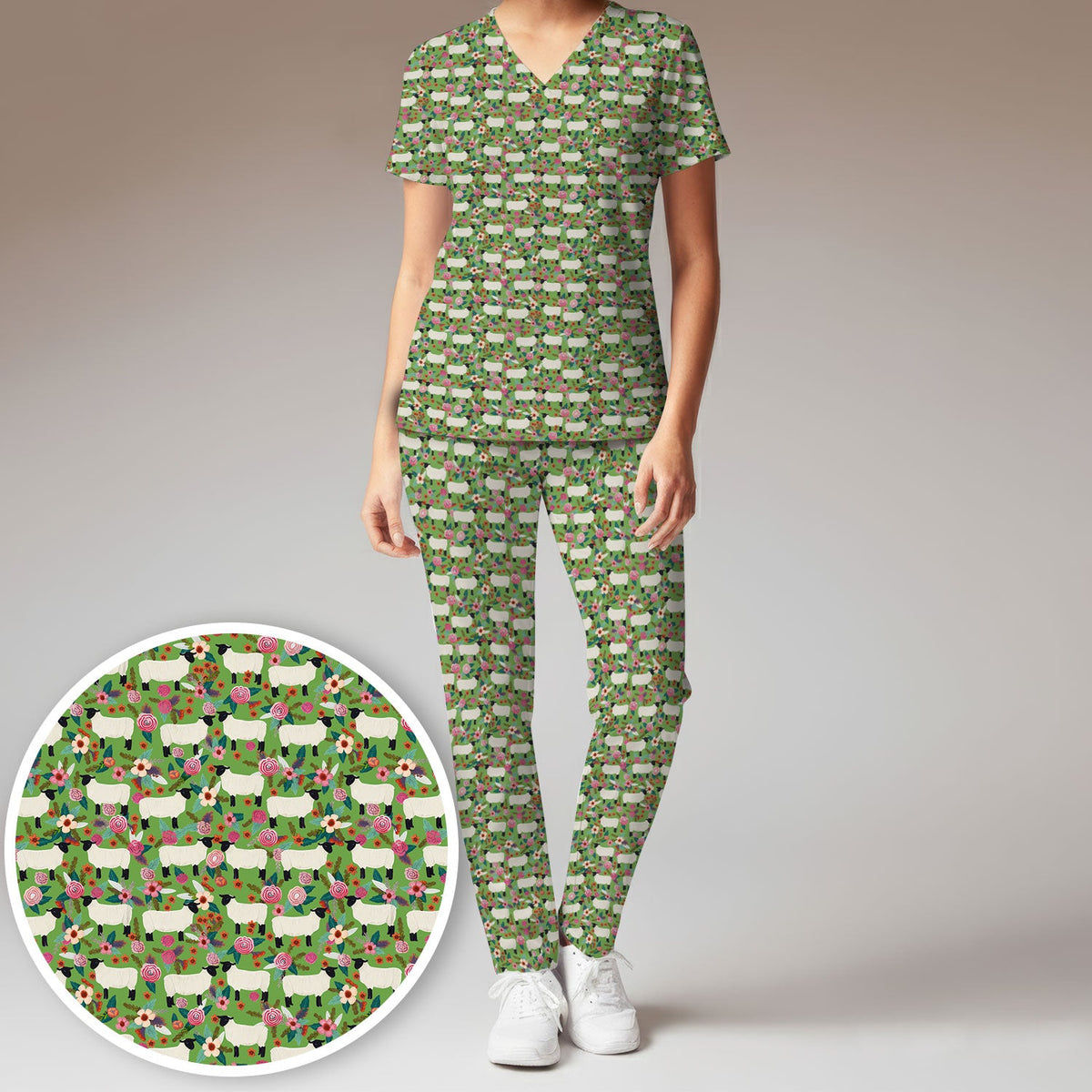 Sheep Floral Meadow Nurse Scrub Set