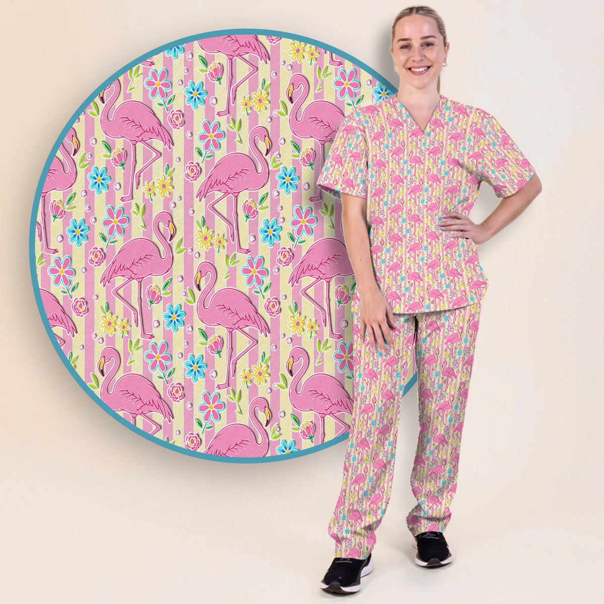 Pink Flamingo Flower Stripe Nurse Scrub Set
