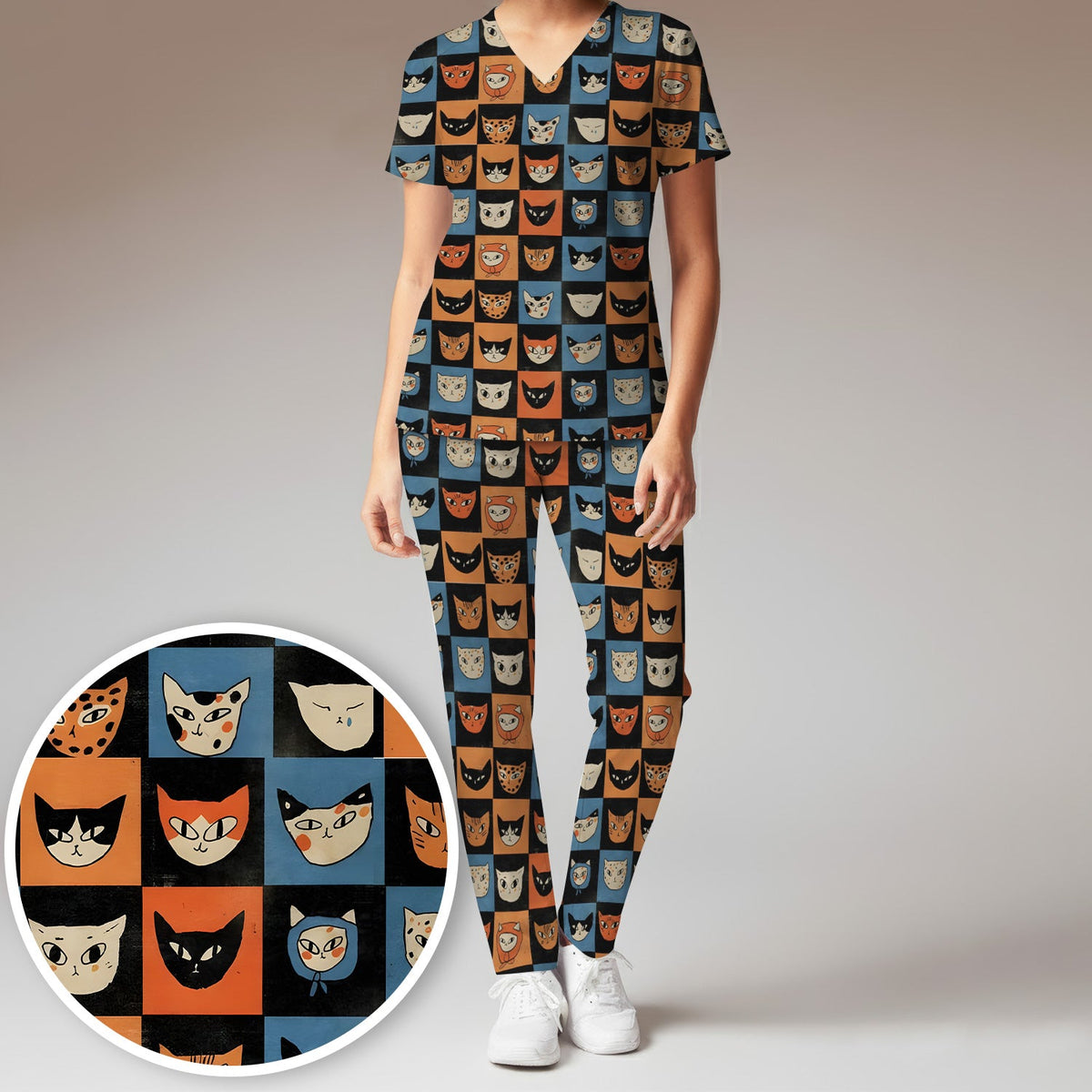 Retro Cat Checkerboard Nurse Scrub Set