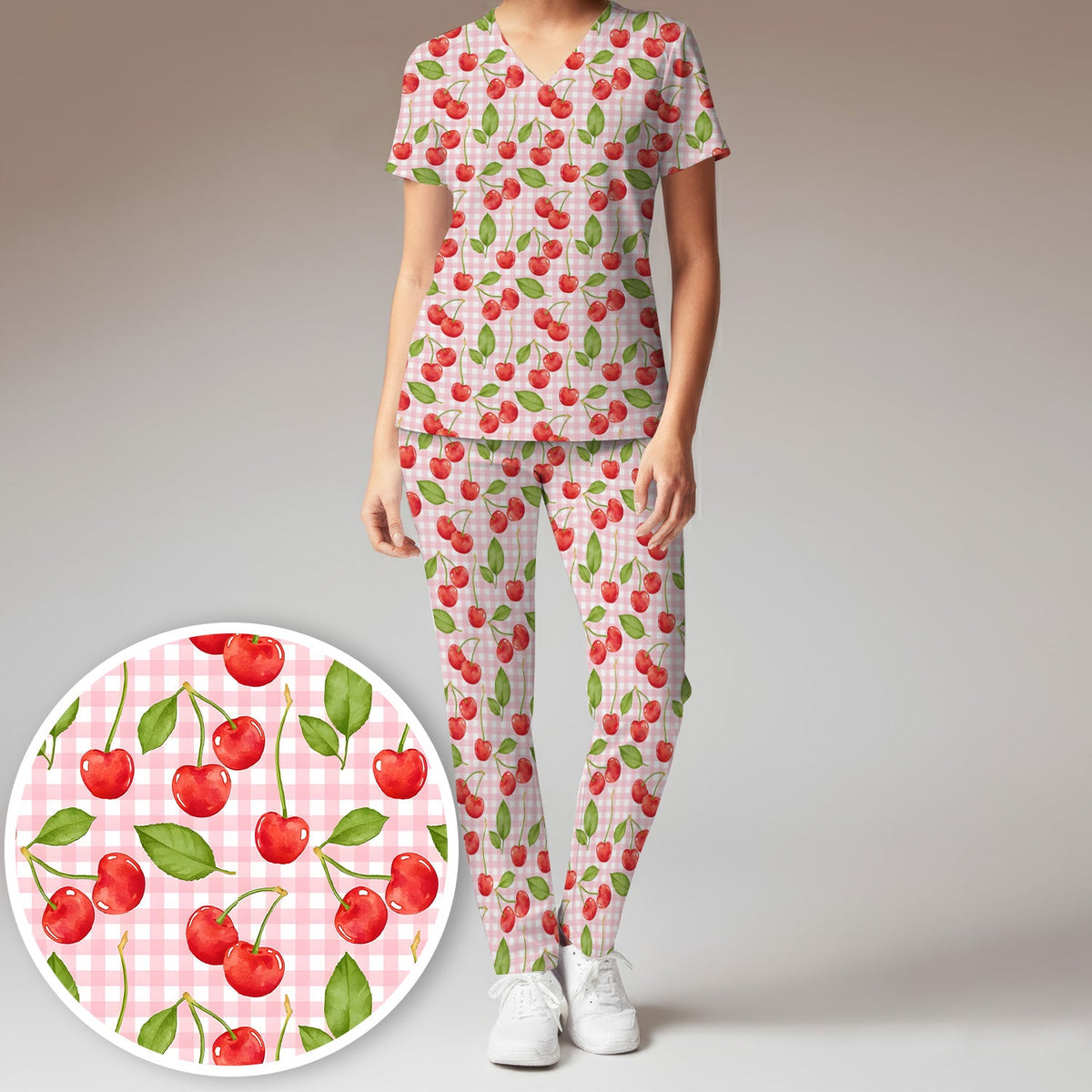 Sweet Red Cherry Gingham Pattern Scrub Set, Scrub Pants and V Neck Top
