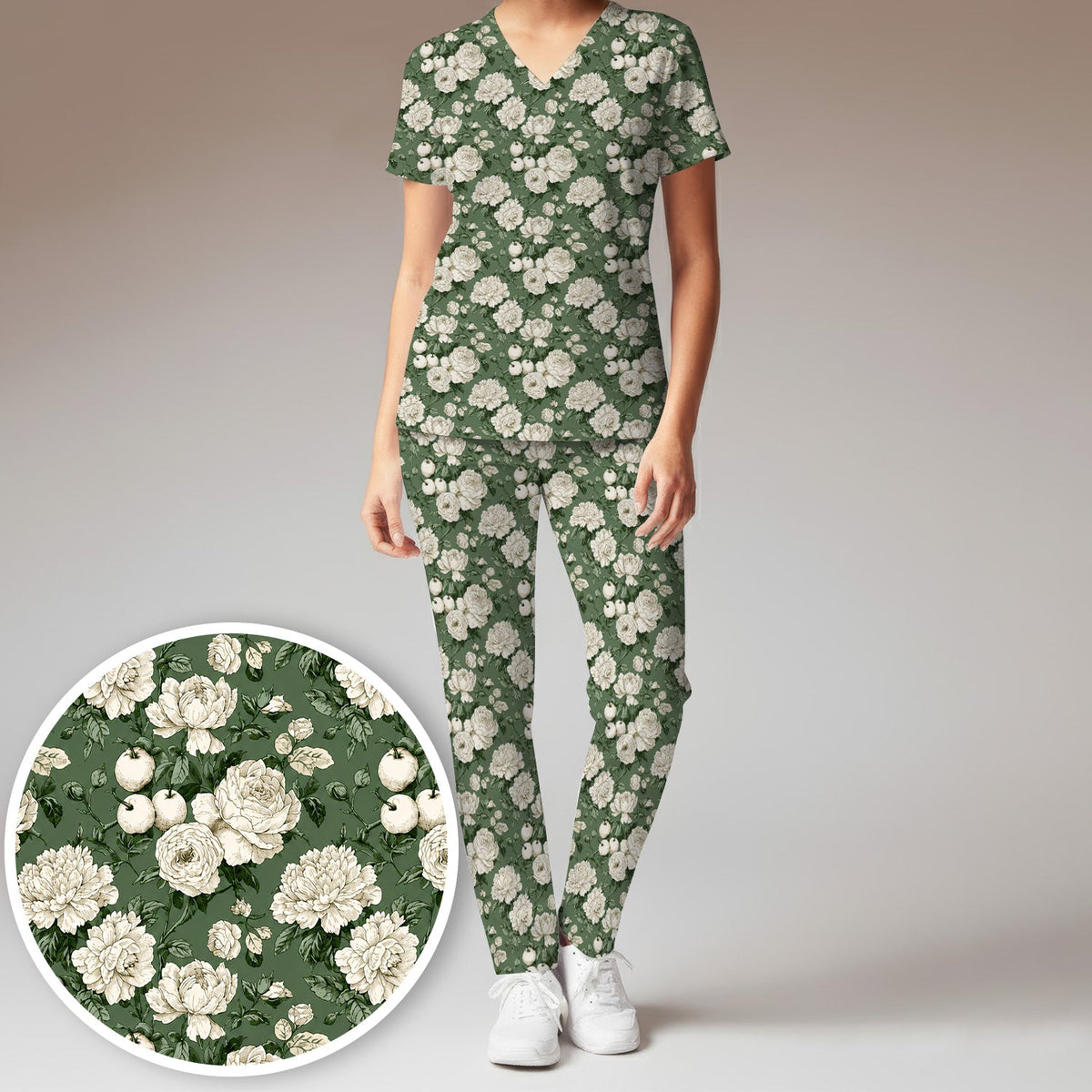 Elegant White Rose Garden Nurse Scrub Set