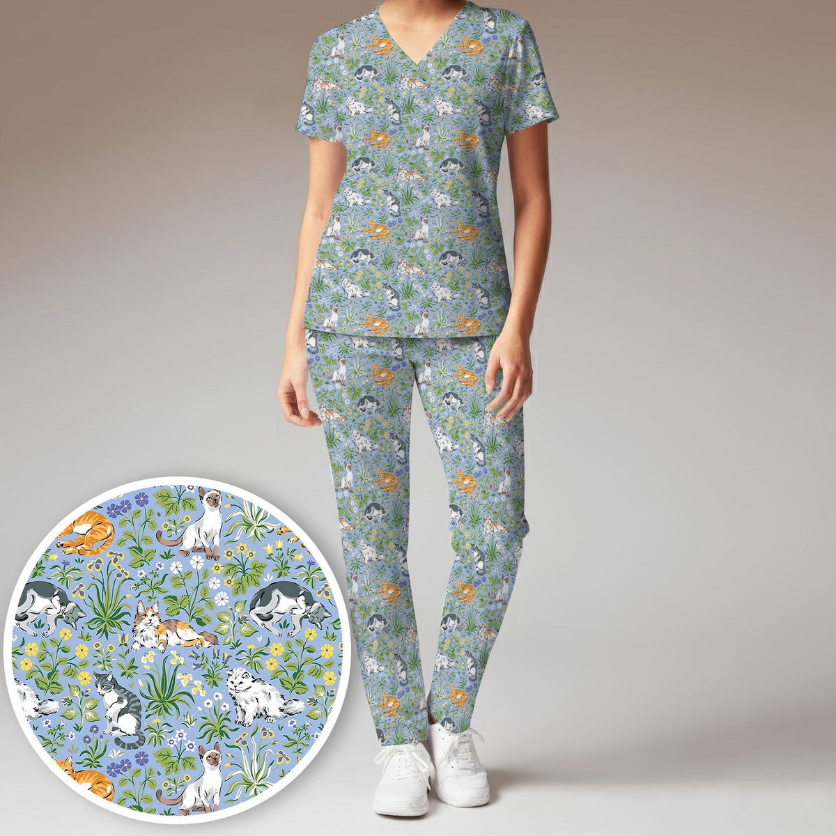 Floral Cat Garden Nurse Scrub Set