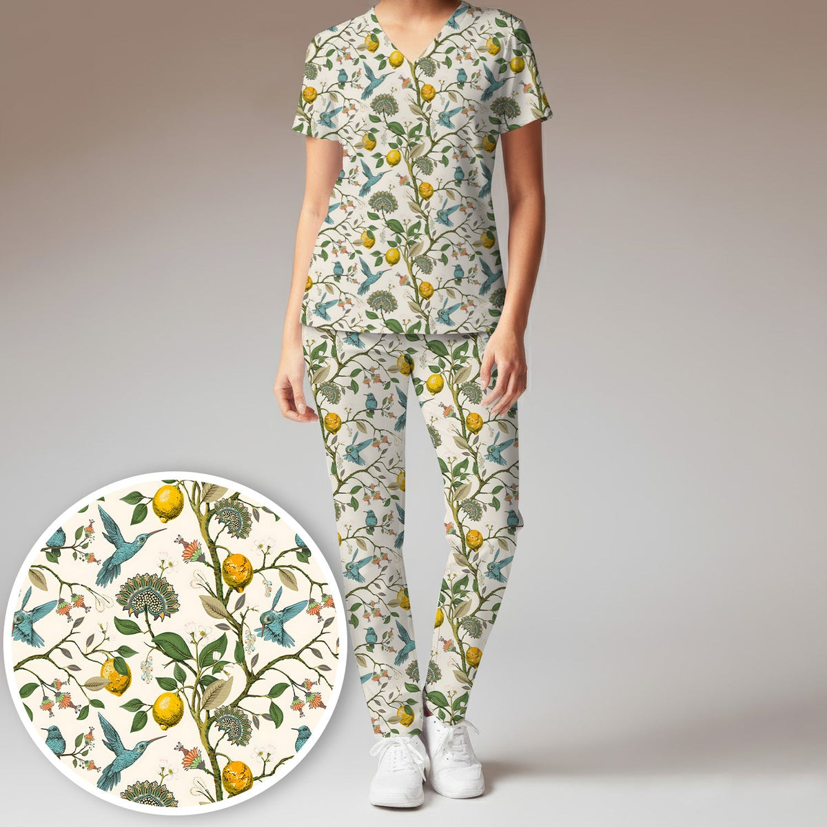 Hummingbird Lemon Floral Nurse Scrub Set