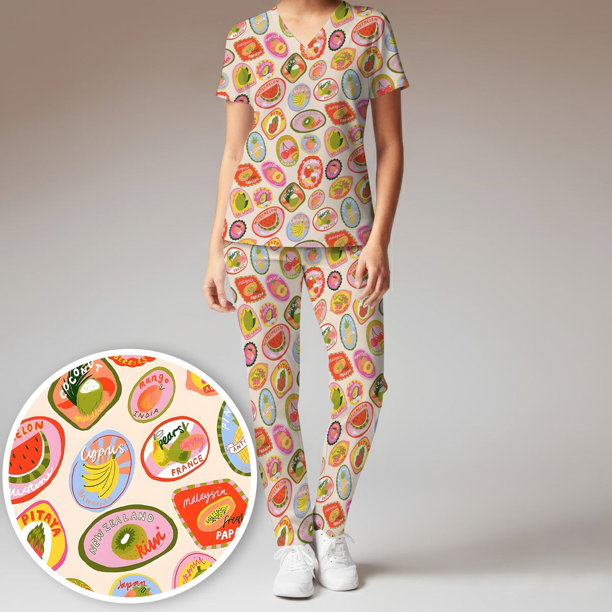 Summer Colorful Fruit Sticker Nurse Scrub Set