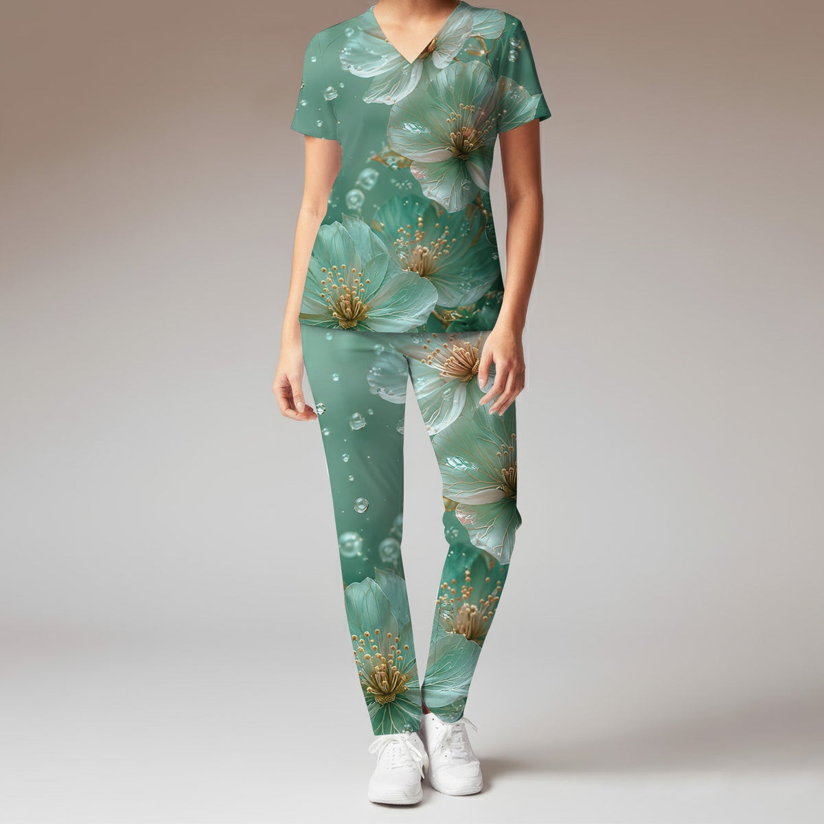 Elegant Mint Blossom Dewdrop Nurse Scrub Set