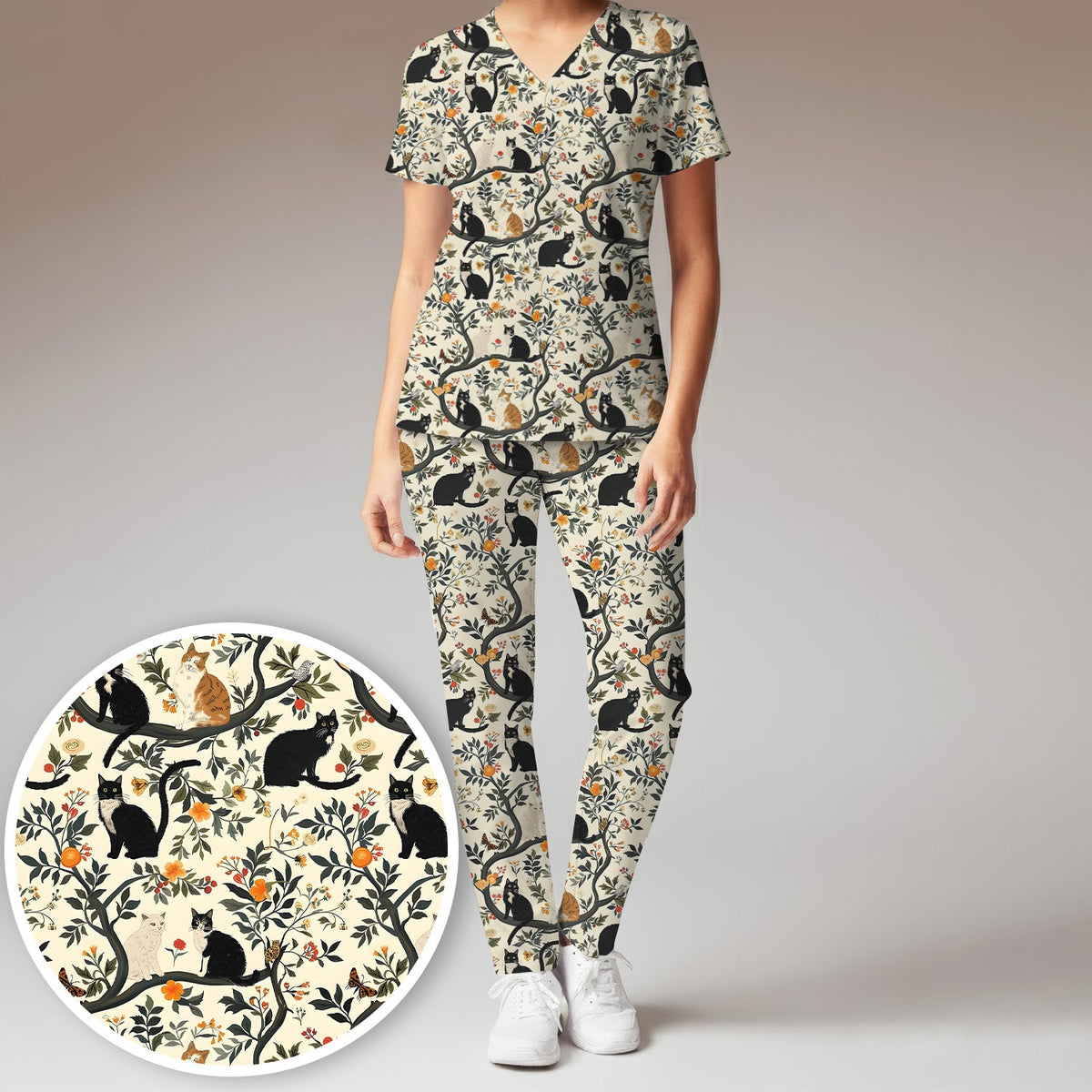 Vintage Black Cat Floral Nurse Scrub Set