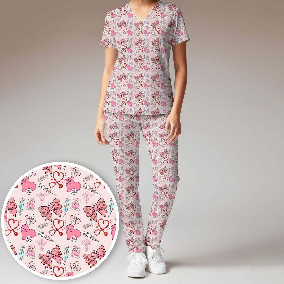 Pink Nurse Bow Heart Scrub Set