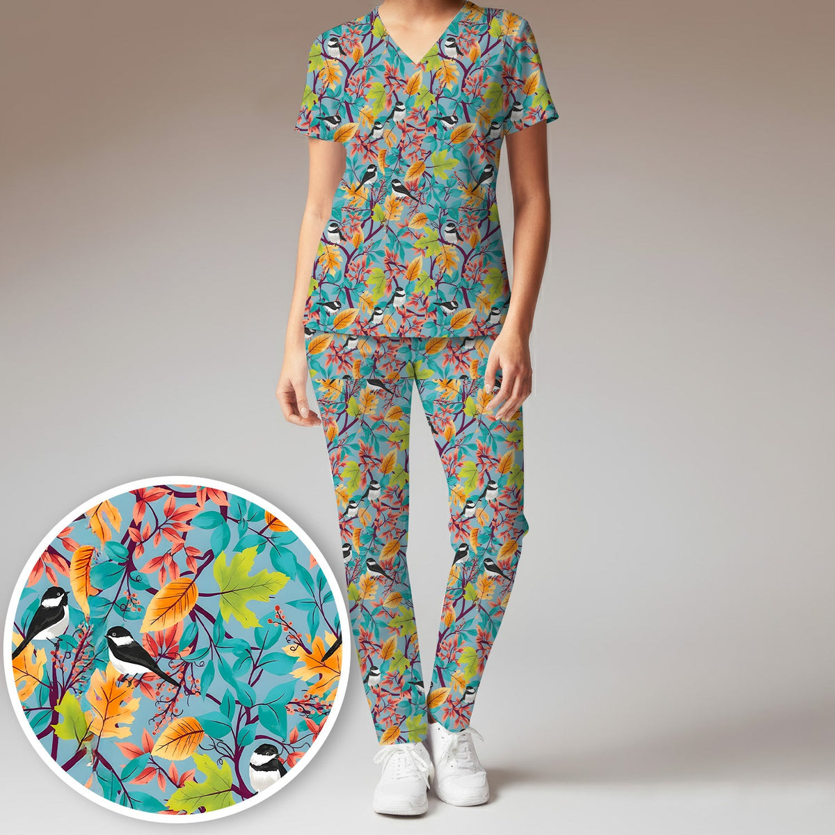 Autumn Leaf Chickadee Bird Nurse Scrub Set
