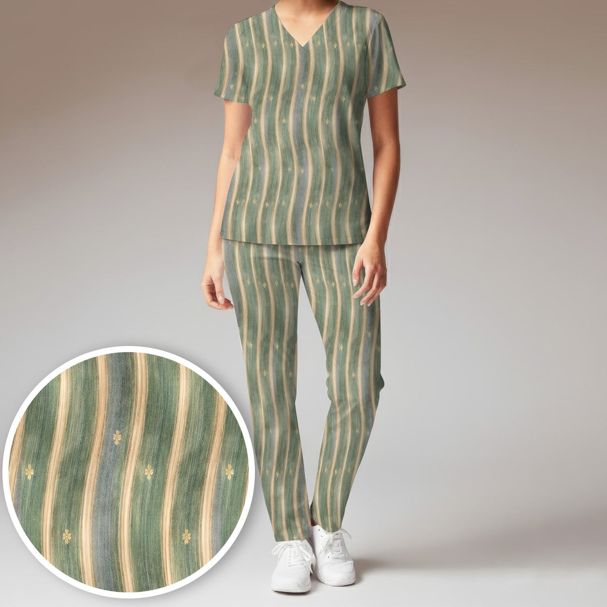 Nurse Green Vertical Stripe Floral Scrub Set