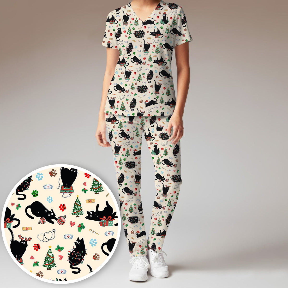 Black Cat Christmas Nurse Scrub Set, Festive Kitty Medical Uniform for Women